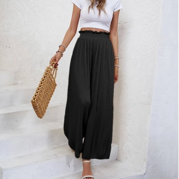 Black Pleated Paperbag Waist Wide Leg Pants - Picture 3 of 5